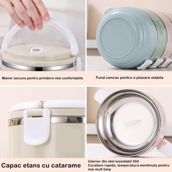 Caserola pentru alimente Flippy, lunch box, 700 ml, otel inoxidabil, maner, valva aerisire, inchidere etansa, 15 x 8.5 cm, albastru - imagine 15
