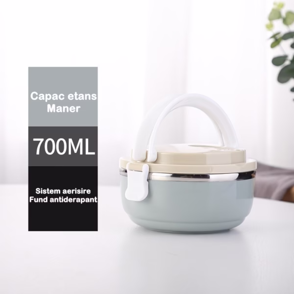 Caserola pentru alimente Flippy, lunch box, 700 ml, otel inoxidabil, maner, valva aerisire, inchidere etansa, 15 x 8.5 cm, albastru - imagine 16
