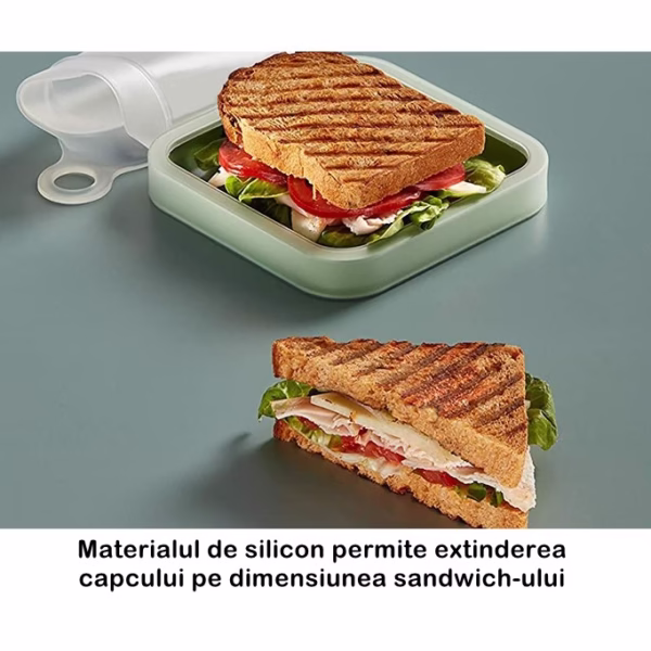 Caserola pentru sandwich Flippy, din silicon si polipropilena, portabil, usor de curatat, capac anti-scurgere, reutilizabil, 15.5 x 15.5 x 2.5 cm, verde - imagine 18