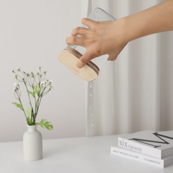 Cutie de Depozitare Alimente, Flippy, Cutie de tip Container, Cutie pentru Cereale, din Plastic, Capac din Bambuc, 10 x 10 x 19 cm, Volum 1.2l, Transparent - imagine 3