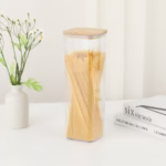 Cutie de Depozitare Alimente, Flippy, Cutie de tip Container, Cutie pentru Cereale, din Plastic, Capac din Bambuc, 10 x 10 x 30 cm, Volum 1.9 l, Transparent - imagine 2