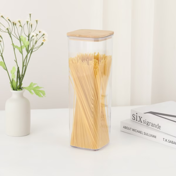 Cutie de Depozitare Alimente, Flippy, Cutie de tip Container, Cutie pentru Cereale, din Plastic, Capac din Bambuc, 10 x 10 x 30 cm, Volum 1.9 l, Transparent - imagine 2