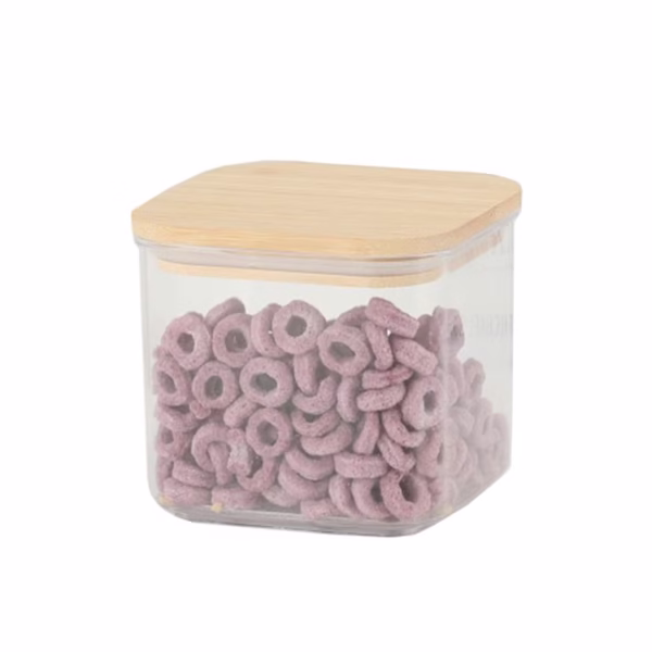 Cutie de Depozitare Alimente, Flippy, Cutie de tip Container, Cutie pentru Cereale, din Plastic, Capac din Bambuc, 10 x 10 x 8 cm, Volum 0.5 L, Transparenta - imagine 1
