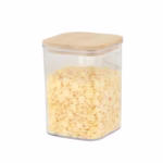 Cutie de Depozitare Alimente, Flippy, Cutie de tip Container, Cutie pentru Cereale, din Plastic, Capac din Bambuc, 10 x 10 x 14 cm, Volum 0.8 L, Transparent