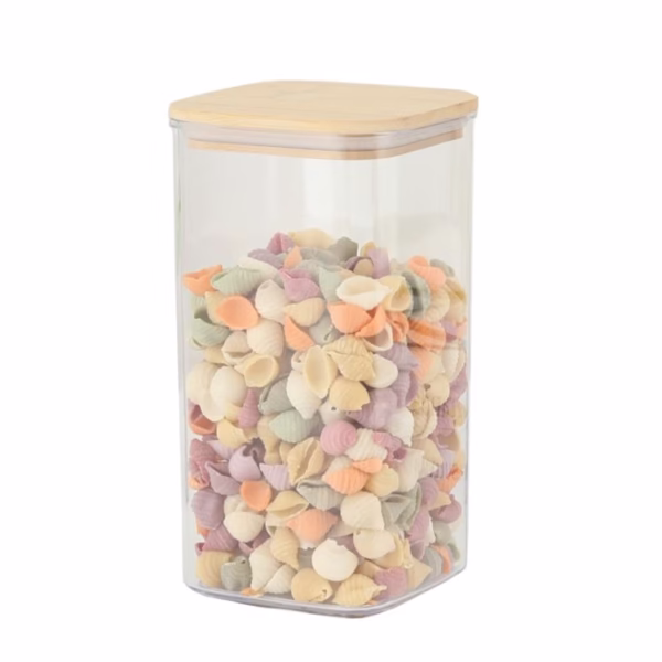 Cutie de Depozitare Alimente, Flippy, Cutie de tip Container, Cutie pentru Cereale, din Plastic, Capac din Bambuc, 10 x 10 x 19 cm, Volum 1.2l, Transparent - imagine 1