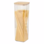 Cutie de Depozitare Alimente, Flippy, Cutie de tip Container, Cutie pentru Cereale, din Plastic, Capac din Bambuc, 10 x 10 x 30 cm, Volum 1.9 l, Transparent