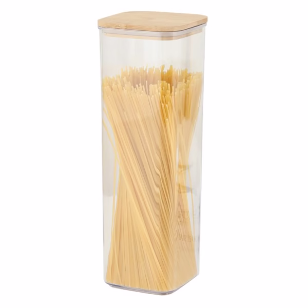 Cutie de Depozitare Alimente, Flippy, Cutie de tip Container, Cutie pentru Cereale, din Plastic, Capac din Bambuc, 10 x 10 x 30 cm, Volum 1.9 l, Transparent - imagine 1