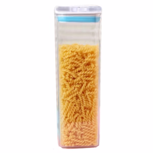 Cutie de Depozitare Alimente, Flippy, tip Container, 1.9L, 10x10x30.5 cm, Recipiente pentru Cereale in Bucatarie,  Transparente cu Capac Alb-Albastru