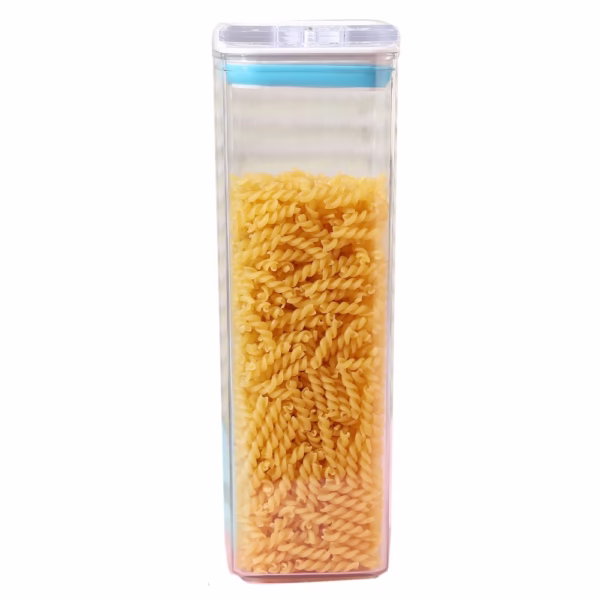 Cutie de Depozitare Alimente, Flippy, tip Container, 1.9L, 10x10x30.5 cm, Recipiente pentru Cereale in Bucatarie,  Transparente cu Capac Alb-Albastru - imagine 1