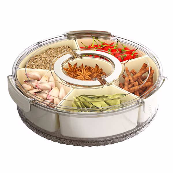 Cutie de Depozitare pentru Alimente, Flippy, cu 6 Compartimente, pentru Condimente, Fructe, Legume, cu Manere de Prindere, Rotativa 360 de Grade, Inchidere Ermetica, 32x10 cm, Alba - imagine 1
