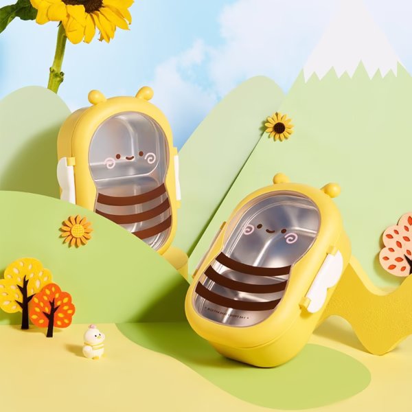 Cutie pentru Pranz, Flippy, din PP si Otel Inoxidabil, Model Albina, 2 Compartimente, 301-500 ml, Galben - imagine 4