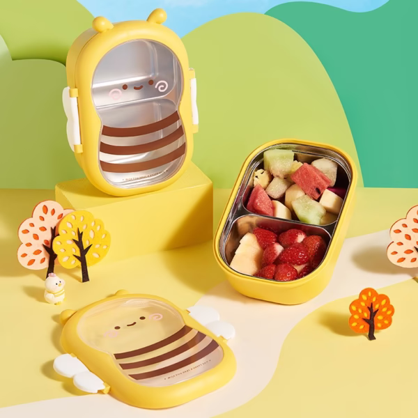Cutie pentru Pranz, Flippy, din PP si Otel Inoxidabil, Model Albina, 2 Compartimente, 301-500 ml, Galben - imagine 6
