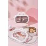 Cutie pentru Pranz sau Gustari, Flippy, cu Doua Compartimente, Model Iepuras, pentru Copii si Adulti, Etansare, PP, Perfect pentru Scoala si Birou, 1000 mL, 22x17.8x8 cm, Alb - imagine 2