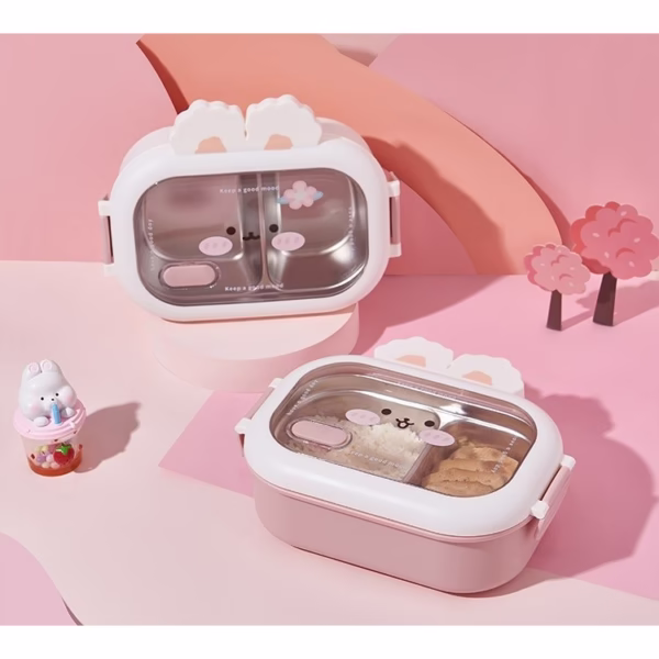 Cutie pentru Pranz sau Gustari, Flippy, cu Doua Compartimente, Model Iepuras, pentru Copii si Adulti, Etansare, PP, Perfect pentru Scoala si Birou, 1000 mL, 22x17.8x8 cm, Alb - imagine 5