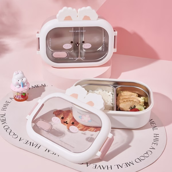 Cutie pentru Pranz sau Gustari, Flippy, cu Doua Compartimente, Model Iepuras, pentru Copii si Adulti, Etansare, PP, Perfect pentru Scoala si Birou, 1000 mL, 22x17.8x8 cm, Alb - imagine 6