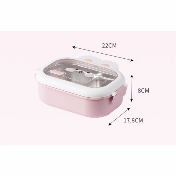 Cutie pentru Pranz sau Gustari, Flippy, cu Doua Compartimente, Model Iepuras, pentru Copii si Adulti, Etansare, PP, Perfect pentru Scoala si Birou, 1000 mL, 22x17.8x8 cm, Roz - imagine 2