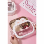 Cutie pentru Pranz sau Gustari, Flippy, cu Doua Compartimente, Model Iepuras, pentru Copii si Adulti, Etansare, PP, Perfect pentru Scoala si Birou, 1000 mL, 22x17.8x8 cm, Roz - imagine 4