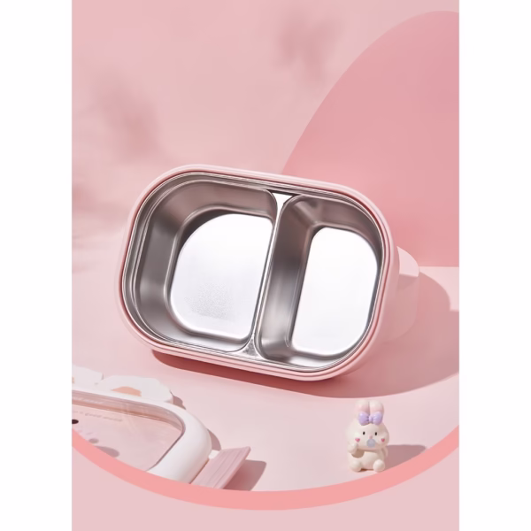 Cutie pentru Pranz sau Gustari, Flippy, cu Doua Compartimente, Model Iepuras, pentru Copii si Adulti, Etansare, PP, Perfect pentru Scoala si Birou, 1000 mL, 22x17.8x8 cm, Roz - imagine 5