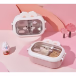 Cutie pentru Pranz sau Gustari, Flippy, cu Doua Compartimente, Model Iepuras, pentru Copii si Adulti, Etansare, PP, Perfect pentru Scoala si Birou, 1000 mL, 22x17.8x8 cm, Roz - imagine 6