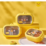 Cutie pentru Pranz sau Gustari, Flippy, cu Doua Compartimente, Model Ratusca, pentru Copii si Adulti, Etansare, PP, Perfect pentru Scoala si Birou, 1000 mL, 22.5x14.5x8 cm, Galben - imagine 6