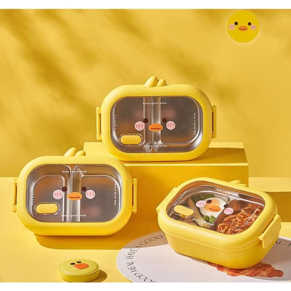 Cutie pentru Pranz sau Gustari, Flippy, cu Doua Compartimente, Model Ratusca, pentru Copii si Adulti, Etansare, PP, Perfect pentru Scoala si Birou, 1000 mL, 22.5x14.5x8 cm, Galben - imagine 6