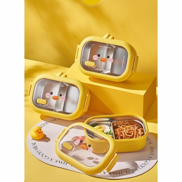 Cutie pentru Pranz sau Gustari, Flippy, cu Doua Compartimente, Model Ratusca, pentru Copii si Adulti, Etansare, PP, Perfect pentru Scoala si Birou, 1000 mL, 22.5x14.5x8 cm, Galben - imagine 7