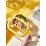 Cutie pentru Pranz sau Gustari, Flippy, cu Doua Compartimente, Model Ratusca, pentru Copii si Adulti, Etansare, PP, Perfect pentru Scoala si Birou, 1000 mL, 22.5x14.5x8 cm, Galben - imagine 8