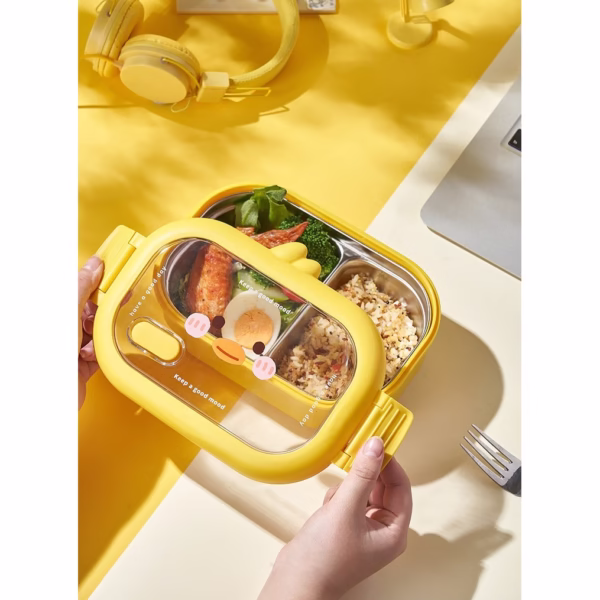 Cutie pentru Pranz sau Gustari, Flippy, cu Doua Compartimente, Model Ratusca, pentru Copii si Adulti, Etansare, PP, Perfect pentru Scoala si Birou, 1000 mL, 22.5x14.5x8 cm, Galben - imagine 8