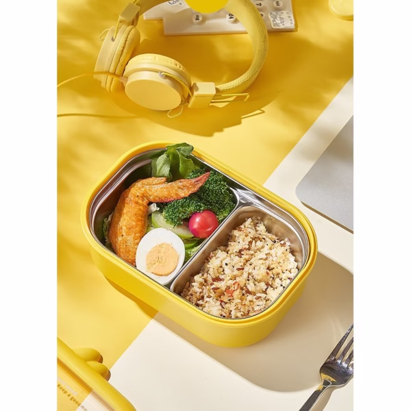 Cutie pentru Pranz sau Gustari, Flippy, cu Doua Compartimente, Model Ratusca, pentru Copii si Adulti, Etansare, PP, Perfect pentru Scoala si Birou, 1000 mL, 22.5x14.5x8 cm, Galben - imagine 9