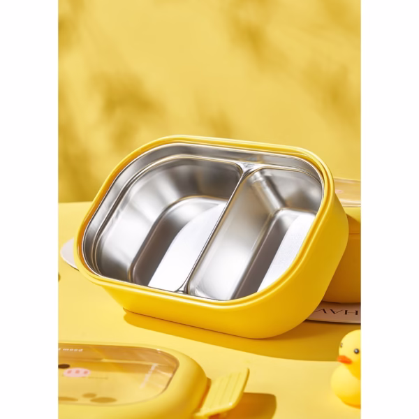 Cutie pentru Pranz sau Gustari, Flippy, cu Doua Compartimente, Model Ratusca, pentru Copii si Adulti, Etansare, PP, Perfect pentru Scoala si Birou, 1000 mL, 22.5x14.5x8 cm, Galben - imagine 11