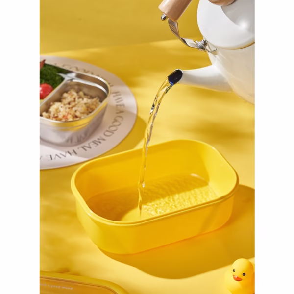 Cutie pentru Pranz sau Gustari, Flippy, cu Doua Compartimente, Model Ratusca, pentru Copii si Adulti, Etansare, PP, Perfect pentru Scoala si Birou, 1000 mL, 22.5x14.5x8 cm, Galben - imagine 12