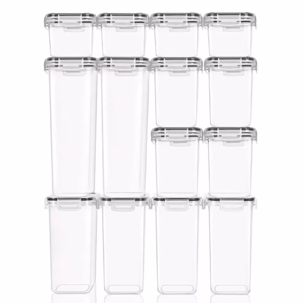Cutii de depozitare alimente, Flippy, Set din 14 Cutii pentru Condimente, Cereale, Cutii pentru Bucatarie, din Plastic PP, Cutii Alimentare, Diferite Dimensiuni, Transparente - imagine 3