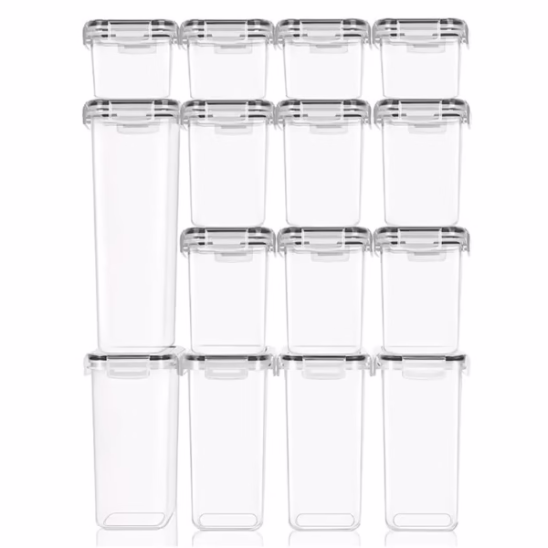 Cutii de depozitare alimente, Flippy, Set din 15 Cutii pentru Condimente, Cereale, Cutii pentru Bucatarie, din Plastic PP, Cutii Alimentare, Diferite Dimensiuni, Transparente - imagine 2
