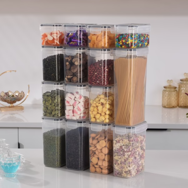 Cutii de depozitare alimente, Flippy, Set din 15 Cutii pentru Condimente, Cereale, Cutii pentru Bucatarie, din Plastic PP, Cutii Alimentare, Diferite Dimensiuni, Transparente - imagine 6