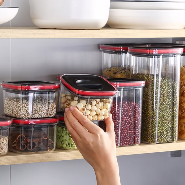 Cutii de Depozitare Alimente, Flippy, Set din 5 Cuti de tip Container, Recipiente pentru Cereale in Bucatarie,  Transparente cu Capac Negru - imagine 2