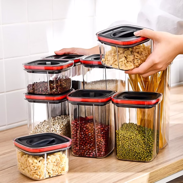 Cutii de Depozitare Alimente, Flippy, Set din 5 Cuti de tip Container, Recipiente pentru Cereale in Bucatarie,  Transparente cu Capac Negru - imagine 3