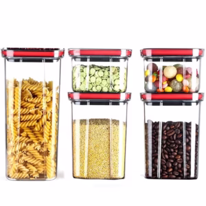 Cutii de Depozitare Alimente, Flippy, Set din 5 Cuti de tip Container, Recipiente pentru Cereale in Bucatarie,  Transparente cu Capac Negru