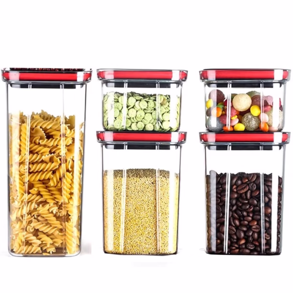 Cutii de Depozitare Alimente, Flippy, Set din 5 Cuti de tip Container, Recipiente pentru Cereale in Bucatarie,  Transparente cu Capac Negru - imagine 1