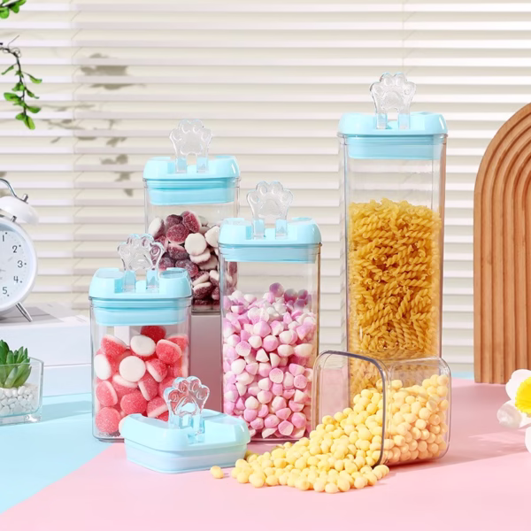 Set 5 Cutii de Depozitare Alimente, Flippy, 1 x 500ml, 2 x 800ml, 1 x 1200ml, 1 x 1900ml, Capac Albastru, din PP+PET, Inchidere Ermetica, Transparent - imagine 4
