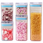 Cutii de Depozitare Alimente, Flippy, Set din 5 Cutii de tip Container, 1x0.5 l, 2x0.8 l, 1x1.2 l, 1x1.9 l, Recipiente pentru Cereale in Bucatarie,  Transparente cu Capac Albastru-Alb