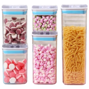 Cutii de Depozitare Alimente, Flippy, Set din 5 Cutii de tip Container, 1x0.5 l, 2x0.8 l, 1x1.2 l, 1x1.9 l, Recipiente pentru Cereale in Bucatarie,  Transparente cu Capac Albastru-Alb