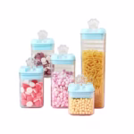Set 5 Cutii de Depozitare Alimente, Flippy, 1 x 500ml, 2 x 800ml, 1 x 1200ml, 1 x 1900ml, Capac Albastru, din PP+PET, Inchidere Ermetica, Transparent
