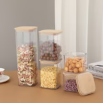 Cutii de Depozitare Alimente, Flippy, Set din 5 Cutii de tip Container, Cutii pentru Cereale, din Plastic, Capac din Bambuc, 1pc 0.5 l. 2pc 0.8 l, 2pc 1.2 l, 1pc 1.9 l,  Transparente - imagine 3