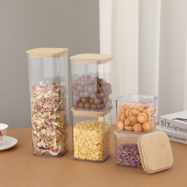 Cutii de Depozitare Alimente, Flippy, Set din 5 Cutii de tip Container, Cutii pentru Cereale, din Plastic, Capac din Bambuc, 1pc 0.5 l. 2pc 0.8 l, 2pc 1.2 l, 1pc 1.9 l,  Transparente - imagine 3