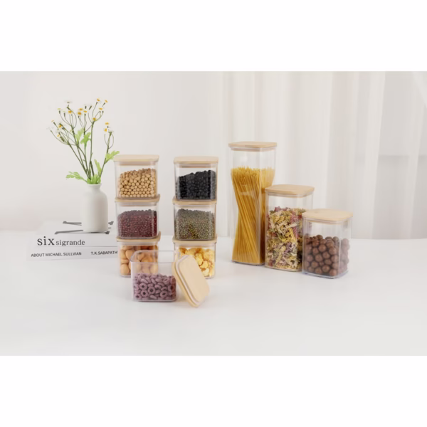 Cutii de Depozitare Alimente, Flippy, Set din 5 Cutii de tip Container, Cutii pentru Cereale, din Plastic, Capac din Bambuc, 1pc 0.5 l. 2pc 0.8 l, 2pc 1.2 l, 1pc 1.9 l,  Transparente - imagine 4
