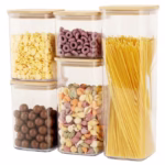 Cutii de Depozitare Alimente, Flippy, Set din 5 Cutii de tip Container, Cutii pentru Cereale, din Plastic, Capac din Bambuc, 1pc 0.5 l. 2pc 0.8 l, 2pc 1.2 l, 1pc 1.9 l,  Transparente