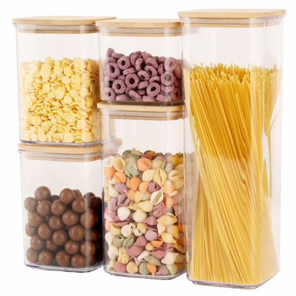 Cutii de Depozitare Alimente, Flippy, Set din 5 Cutii de tip Container, Cutii pentru Cereale, din Plastic, Capac din Bambuc, 1pc 0.5 l. 2pc 0.8 l, 2pc 1.2 l, 1pc 1.9 l,  Transparente - imagine 1
