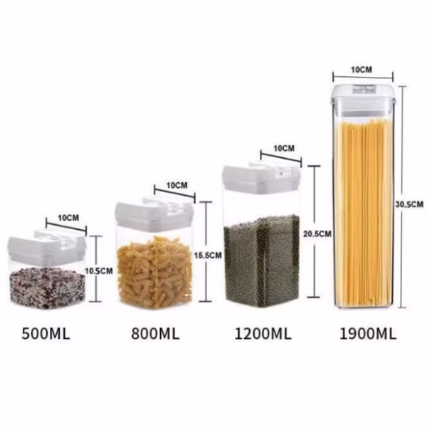 Cutii de Depozitare Alimente, Flippy, set din 5 Cutii pentru Condimente, Volumetrie 0.5l, 0.8l, 1.2l, 1.9l, Transparente cu Capac Alb - imagine 4