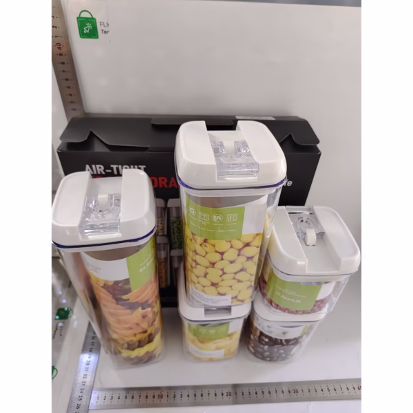 Cutii de Depozitare Alimente, Flippy, set din 5 Cutii pentru Condimente, Volumetrie 0.5l, 0.8l, 1.2l, 1.9l, Transparente cu Capac Alb - imagine 5
