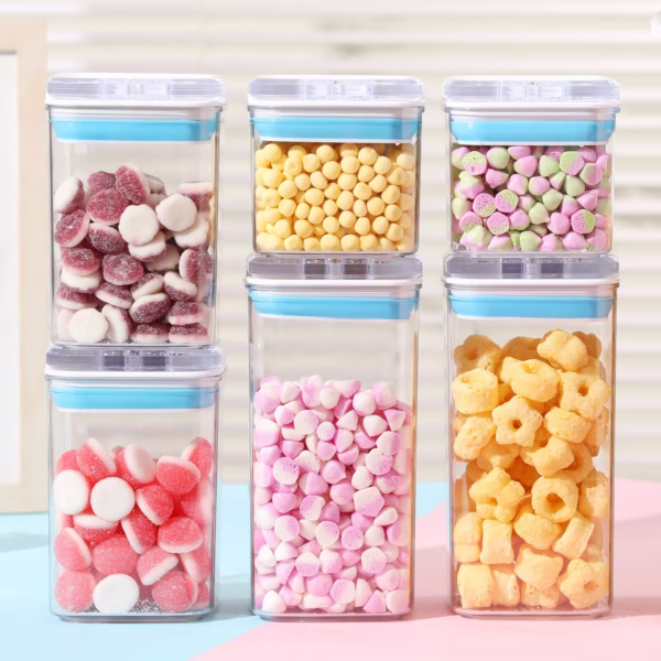 Cutii de Depozitare Alimente, Flippy, Set din 6 Cutii de tip Container, 2x0.5 l, 2x0.8 l, 2x1.2 l, Recipiente pentru Cereale in Bucatarie,  Transparente cu Capac Albastru-Alb - imagine 2